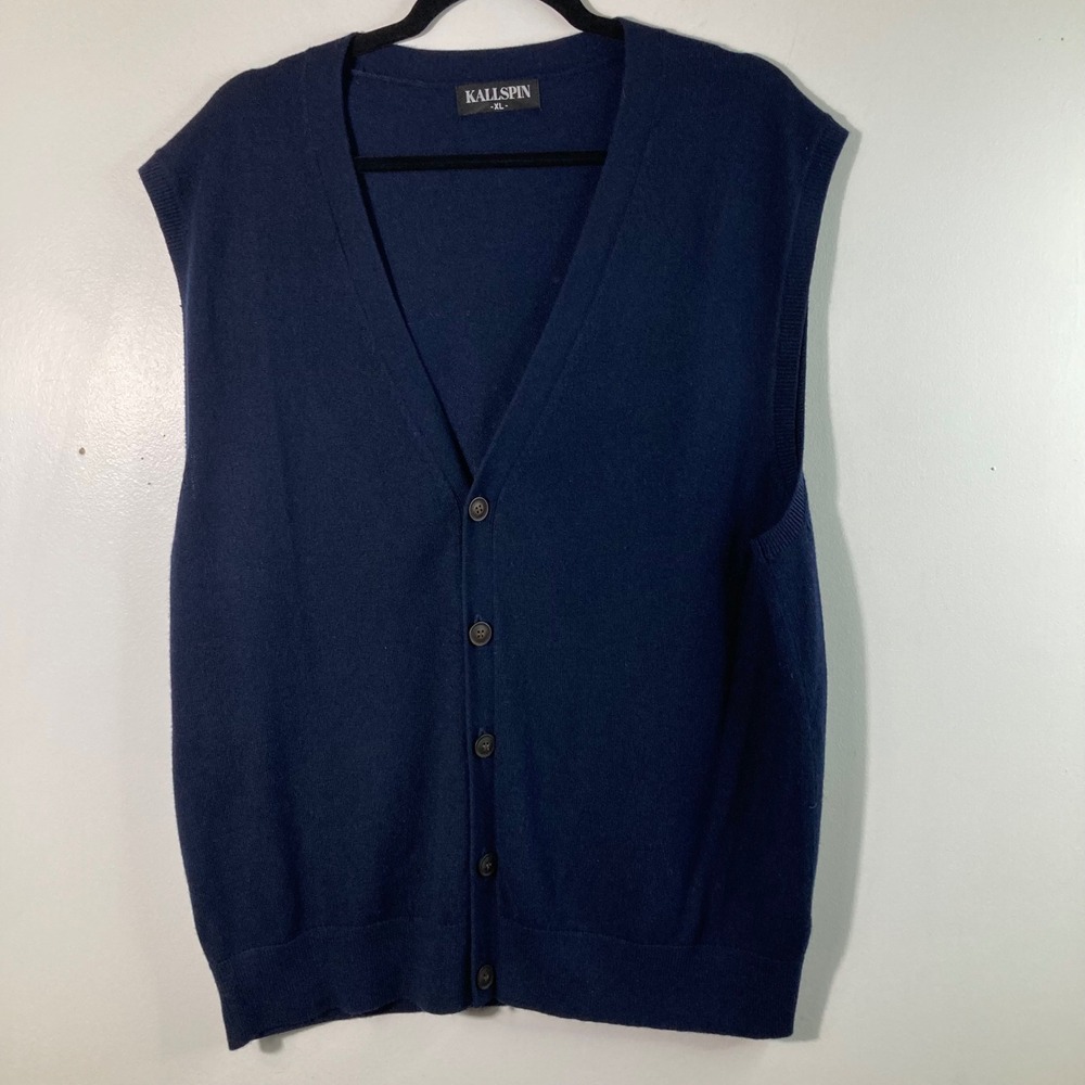 Kallspin Mens Navy Blue V-Neck Button Sweater Vest Cashmere Blend XL #2‎